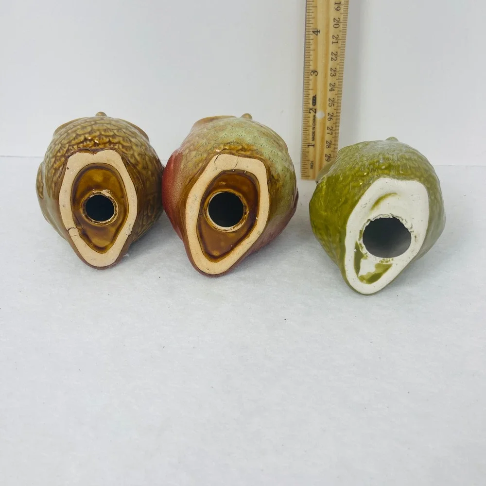 Vintage Style Ceramic Owl Figurines Set of 3 Retro Glaze Bird Yellow Red Green